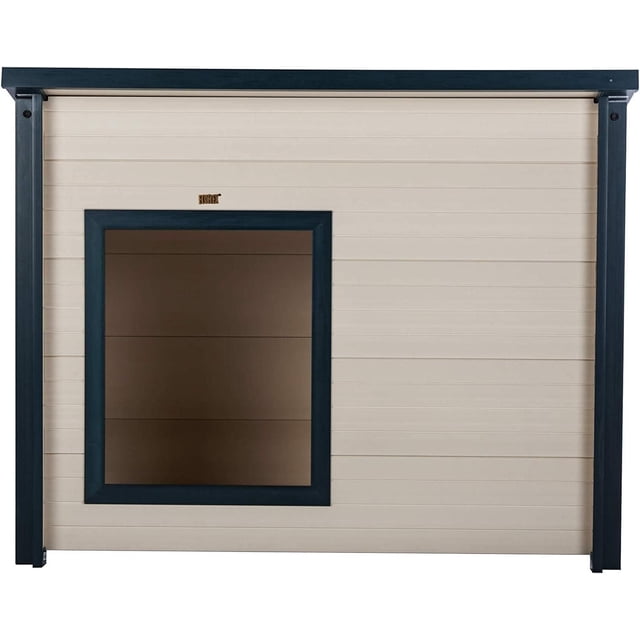 New Age Pet Rustic Lodge Outdoor Dog House Maple with Green Trim, front-facing rectangular dog house with beige horizontal panels and dark green trim, made from moisture-resistant ECOFLEX® composite featuring a raised floor for ventilation and easy cleaning.
