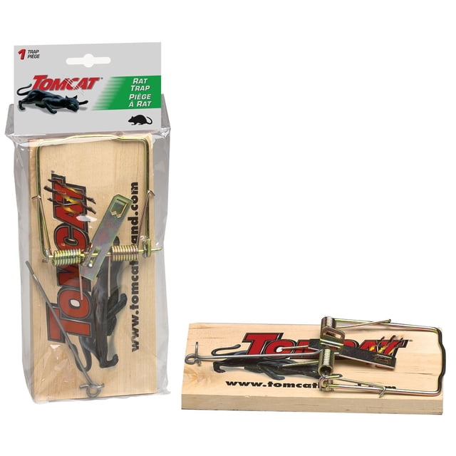 Tomcat Rat Wood Traps 1-Pack with a wooden base and metal spring trap mechanism, featuring the red Tomcat logo and website, shown packaged in clear plastic with a bilingual header card and unpackaged on a white background, ideal for pesticide-free rodent control in garden and outdoor living settings.