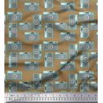 thumbnail image 1 of Soimoi Brown Japan Crepe Satin Fabric Camera & Dots Decor Fabric Printed Yard 42 Inch Wide, 1 of 3