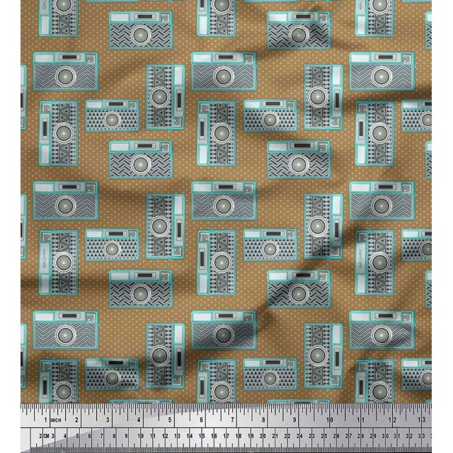 Soimoi Brown Japan Crepe Satin Fabric Camera & Dots Decor Fabric Printed Yard 42 Inch Wide