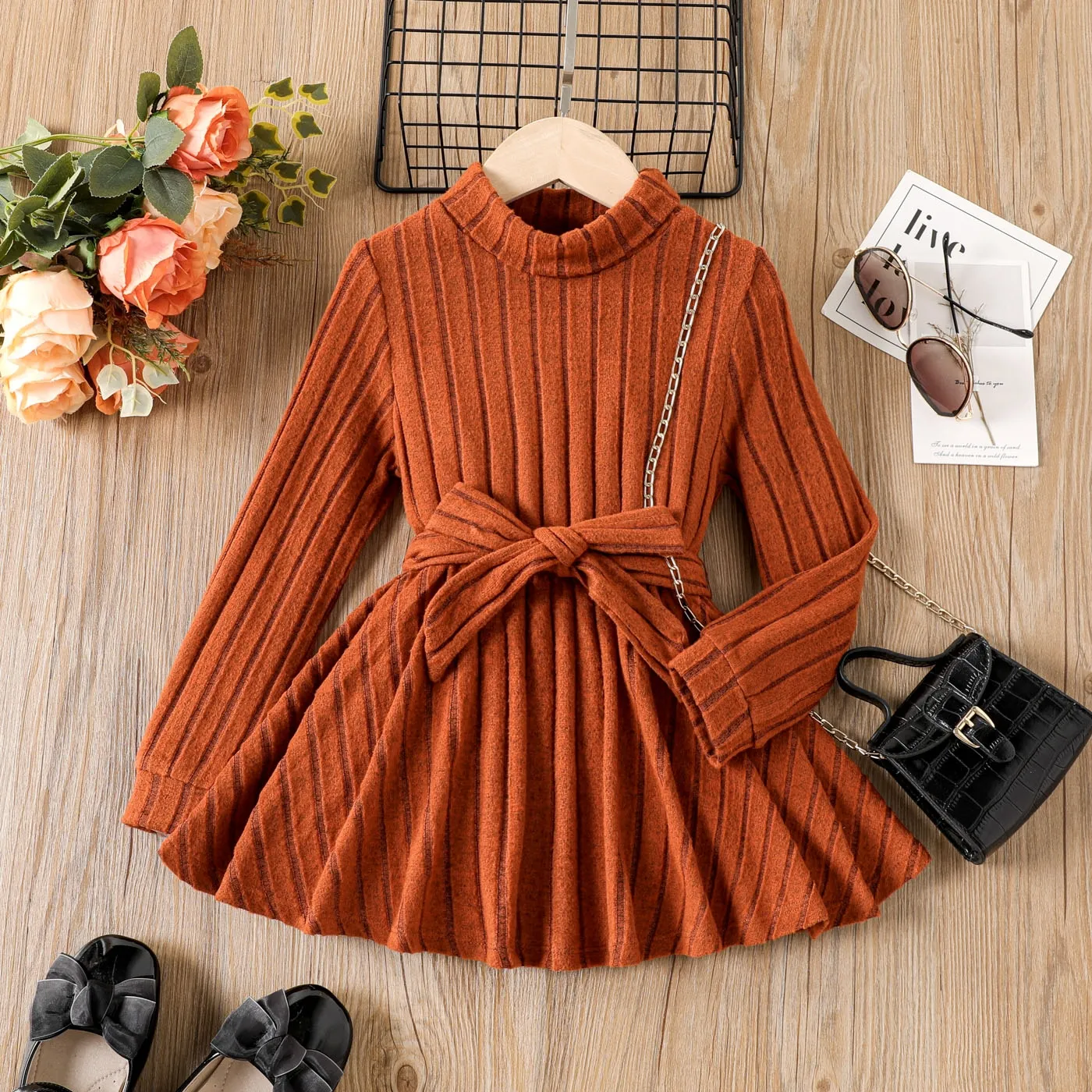 PatPat 2PCS Kid Girl Basic Design Solid Color Stand Collar Long Sleeve T-Shirt Set