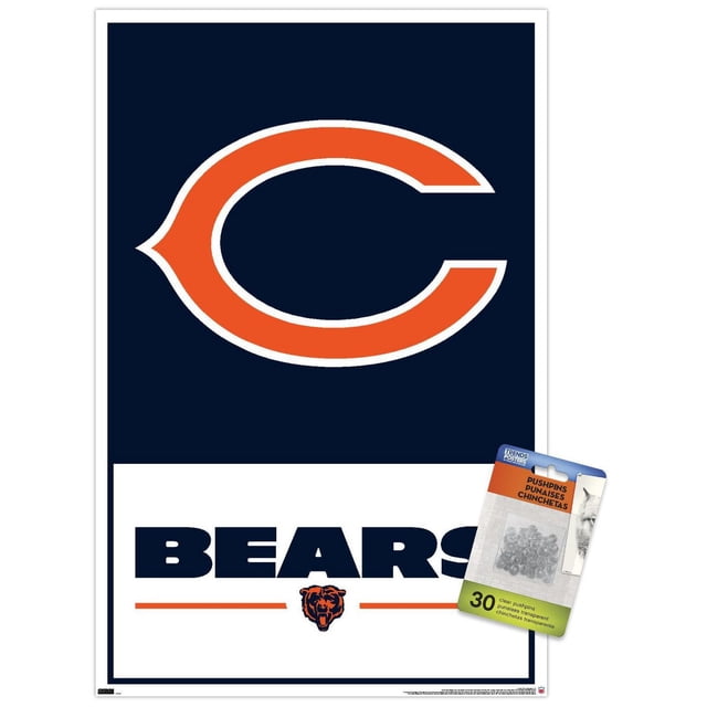NFL Chicago Bears - Logo 21 Wall Poster, 22.375" x 34" framed, displaying a centered orange and white 'C' logo on a navy blue background above bold navy text 'BEARS' with an orange bear head logo below, featuring a premium satin finish and lightweight frame suitable for home or office wall décor.