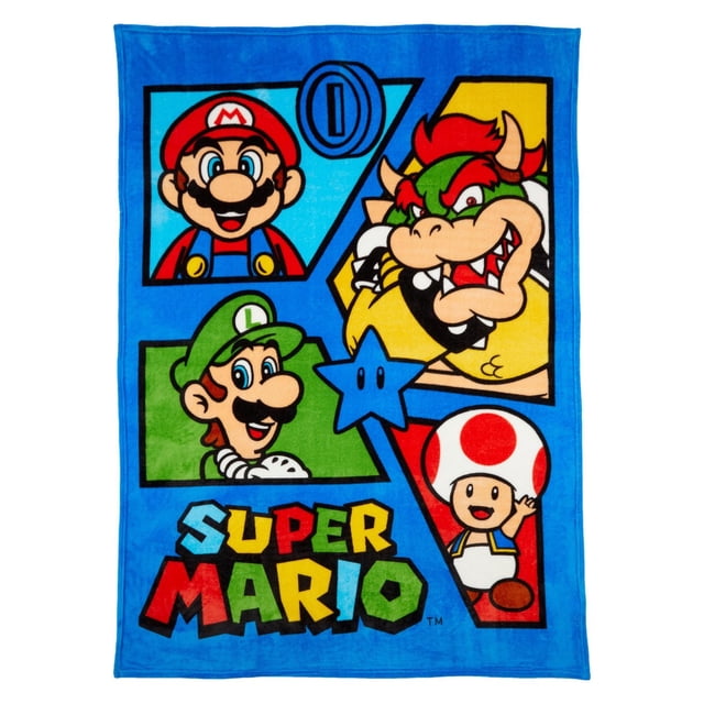Super Mario "Super Crew" Blanket made of blue microfiber plush featuring colorful panels of Mario, Luigi, Bowser, and Toad with a blue star and the multicolored Super Mario logo, suitable for baby bedding and cozy comfort.
