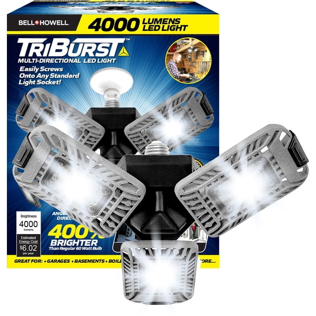 Bell + Howell Triburst 4000 Lumens Multi Directional LED Garage and Shop Light with 144 high-intensity LED bulbs and three adjustable gray panels providing 360-degree bright white light, easily installed by screwing into any standard E26 socket, ideal for energy-efficient lighting in garages, basements, and workshops.