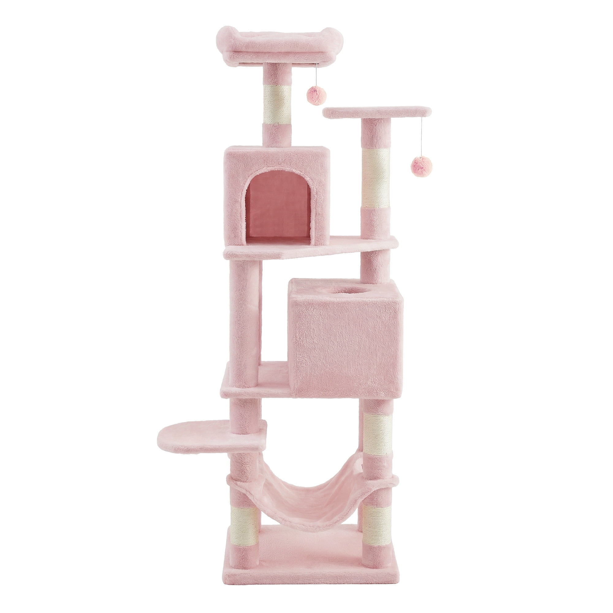 Cat Tree, 61-Inch Cat Tower for Indoor Cats, Plush Multi-Level Cat Condo with 5 Scratching Posts, 2 Perches, 2 Caves, Hammock, 2 Pompoms, Jelly Pink