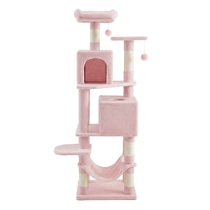 Arbre de chat, 61-Inch Tour de chat pour les chats intérieurs, en peluche multi-niveau Condo de chat avec 5 Postes de fouille, 2 Perches, 2 Des grottes, des hamacs, 2 Pommes, Rose de gelée