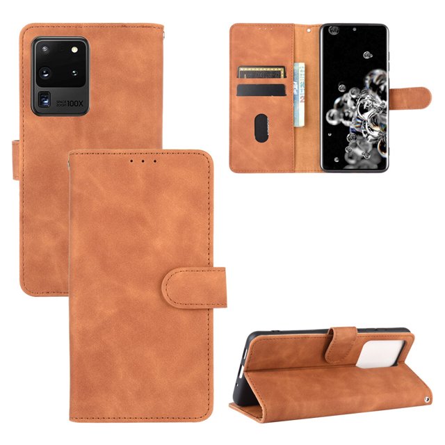 For Samsung Galaxy S20 Ultra PU Leather Flip Case Card Slots Holder Kickstand Book Folding Folio Cover-Brown