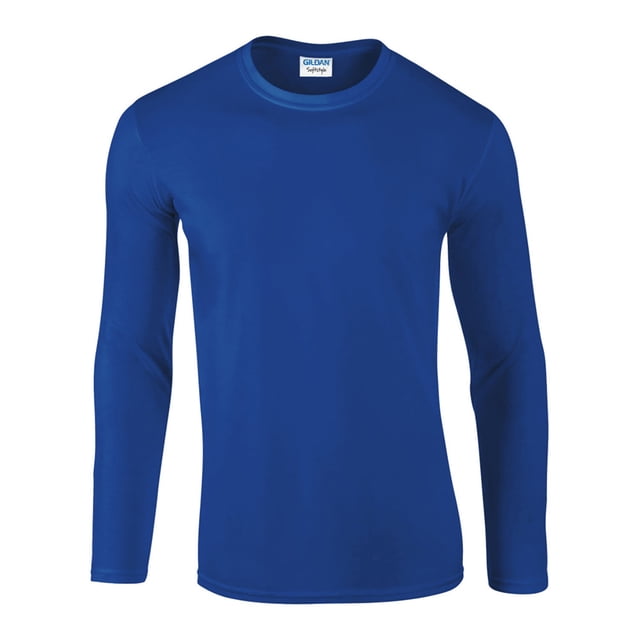Gildan Mens Soft Style Long Sleeve T-Shirt in a plain royal blue colour. Made from 100% ringspun cotton with a soft fabric finish. Features a classic fit, crew neckline with ribbed collar, and long sleeves. Includes taped shoulders, seamless side seams, and a tearaway label for added comfort. Certified sustainable with Oeko-Tex Standard 100 and WRAP certifications.