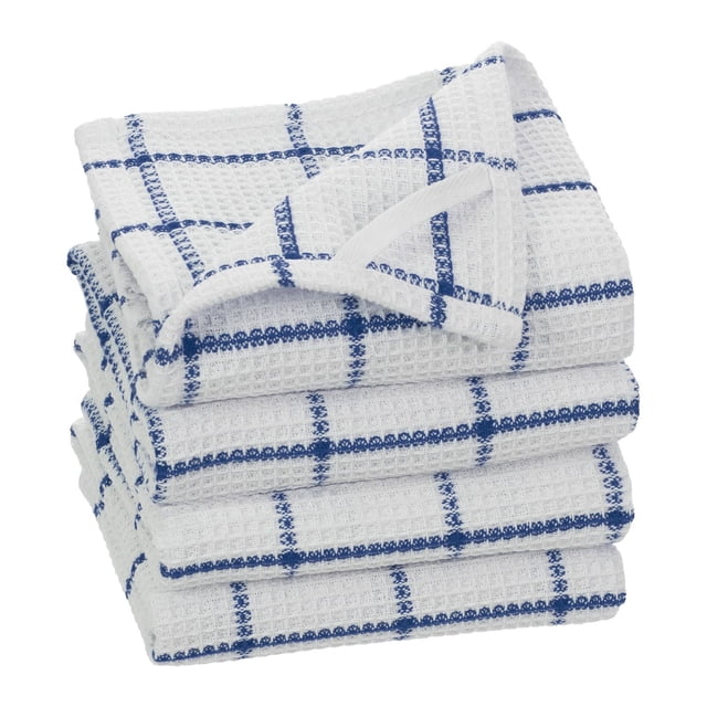 Fabstyles Cotton Solo Waffle Weave Kitchen Towels, set of 4 extra large 18x28 inch dish cloths in white with blue waffle grid pattern, made from absorbent, quick-dry cotton with hanging loop, stacked and folded, also suitable for wiping countertops or drying hands.
