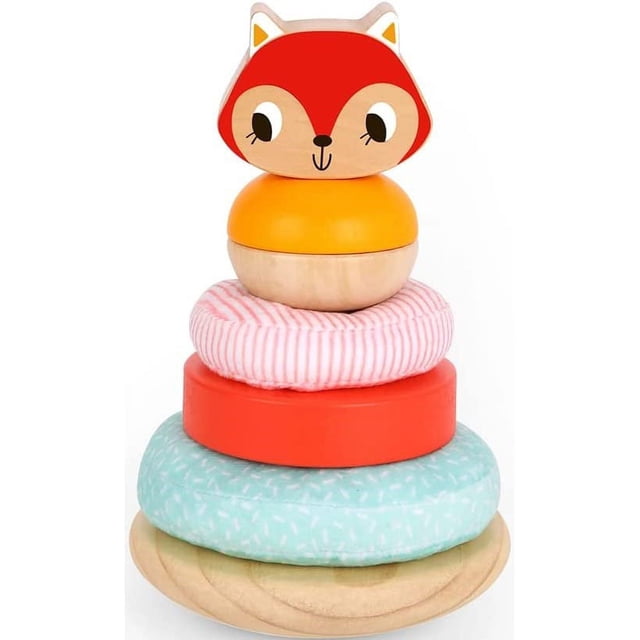 TOOKYLAND Wooden Wobble Stacker - Stacking Tower Toy, Ages 12m+. A multicolour stacking toy featuring a fox-shaped wooden topper, a wobbling wooden base, and five stacking rings in various materials and colours, including two wooden rings and three fabric rings. Designed to develop motor skills, hand-eye coordination, and sensory exploration for toddlers aged 12 months and older. Dimensions: 12 × 12 × 18 cm (4.72 × 4.72 × 7.09 in).