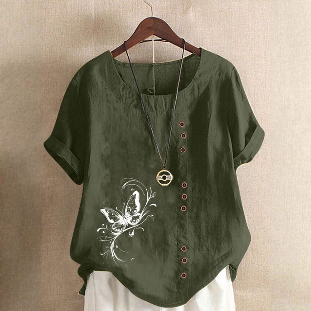 Jusqu'à 50 % de Rabais Horkkom Hauts Grande Taille pour Femmes Été Chemises Amples en Lin à Manches Courtes Col Rond Imprimé Floral Blouses Confortables