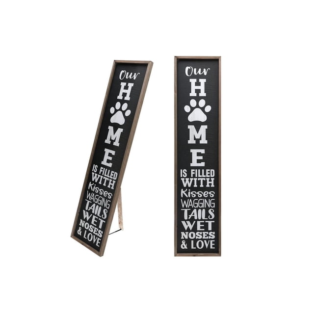 Floor Standing Framed Wall Sign (Our Home Is Filled With) featuring a tall black wood panel with white text and paw print, framed in natural wood, standing on a support leg, measuring 11.45 by 48 inches, ideal for wall décor and home décor with a boho style, also suitable as a gift.