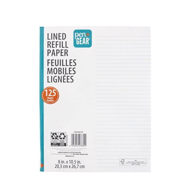 Refiller paper by Pen+Gear with 125 sheets of 3-hole punched lined loose-leaf paper measuring 10.5 by 8 inches (26.7 by 20.3 cm), featuring bilingual English and French text and recyclable packaging icons, ideal for note-taking and document organization.