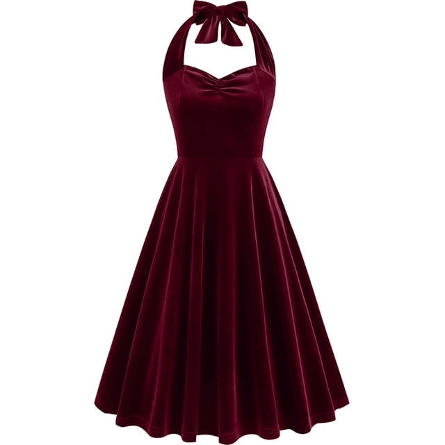 Dvkptbk Robes Formelles pour Femmes à Col Licou en Velours Robes de Demoiselle d'Honneur Sans Manches Froncées Moulantes en Velours Portefeuille Fête Cocktail Robe Midi