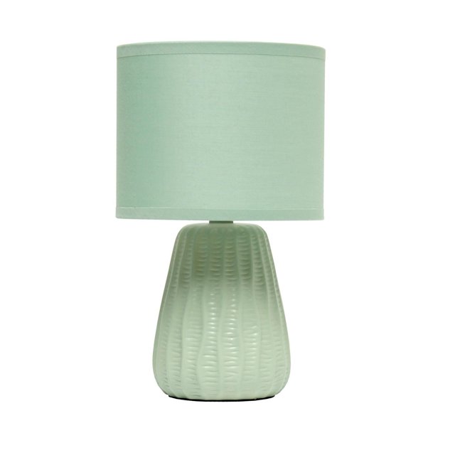 Simple Designs 11.02" Traditional Mini Modern Ceramic Texture Pastel Accent Bedside Table Desk Lamp in pastel green with a textured ceramic base and matching fabric drum shade, ideal for bedroom, nightstand, or living room accent lighting.