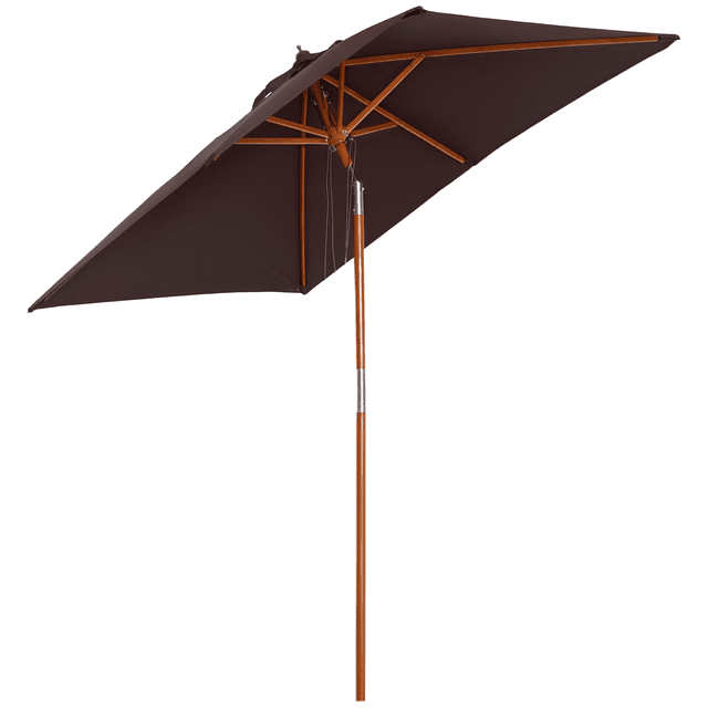 Outsunny 6.6x5ft Fir Patio Umbrella, Market Parasol with Tilt, Ribs Coffee. This rectangular patio umbrella features a coffee-coloured polyester canopy supported by a rust-resistant fir pole and six bamboo ribs. The umbrella includes a tilt system with a push button for adjustable shading angles and a pull rope with a double pulley for easy opening and closing. Suitable for outdoor spaces like patios, gardens, and backyards. Umbrella stand not included.