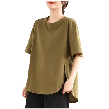 AherBiu T Shirts for Women Solid Color Short Sleeve Crewneck Loose Tops Casual Comfy Side Split Tshirts