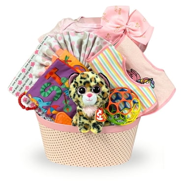 Newborn Baby Girl Gift Basket with Onesie, Plush, Toys, and More