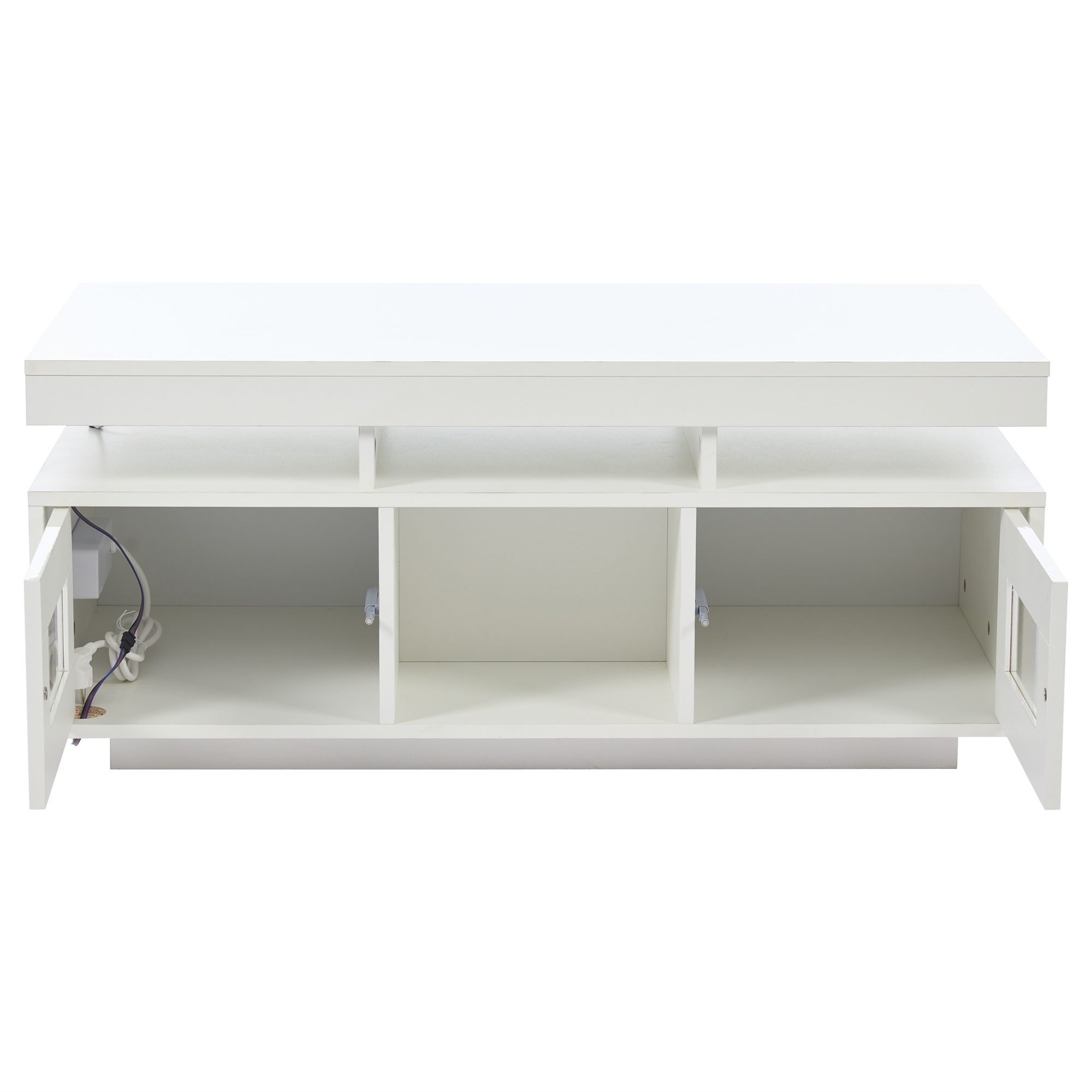 Noble House Table basse haute brillance avec lumières LED, Ports et prises USB, Centre 2 portes et Table d’appoint canapé, blanc