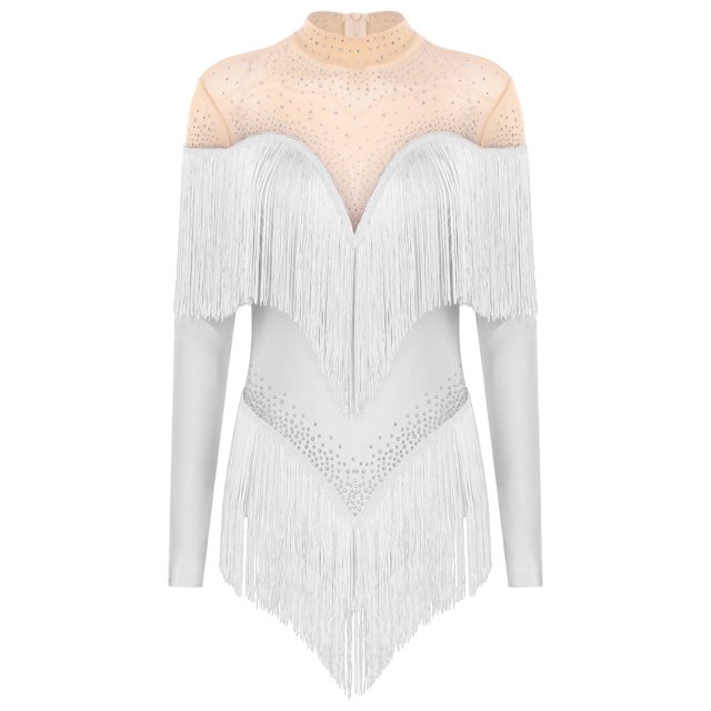 Alvivi Justaucorps de Danse pour Femmes Manches Longues Patchwork en Maille avec Strass à Franges Robe de Danse Latine Tango Blanche S