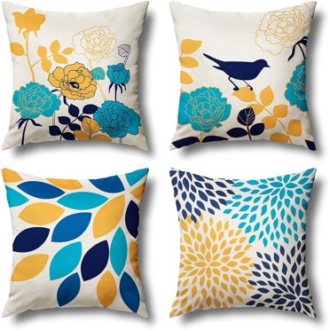 Blue Yellow Pillow Covers 18x18 Set of 4 Farmhouse Linen Fabric Outdoor Boho Decorative Throw Pillow Covers for Couch Sofa Bed Living Room Flower Bird Pattern