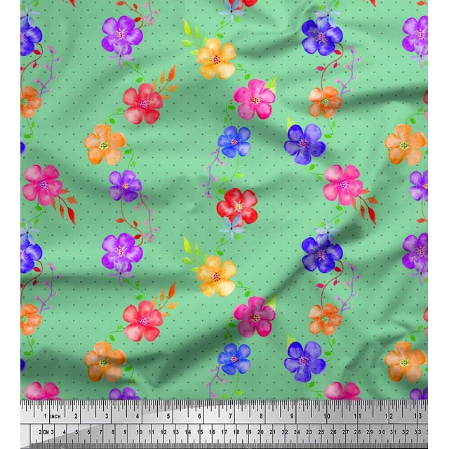 Soimoi polyester Crepe Fabric Dot,Leaves & Periwinkle Floral Print Fabric by Yard 52 Inch Wide