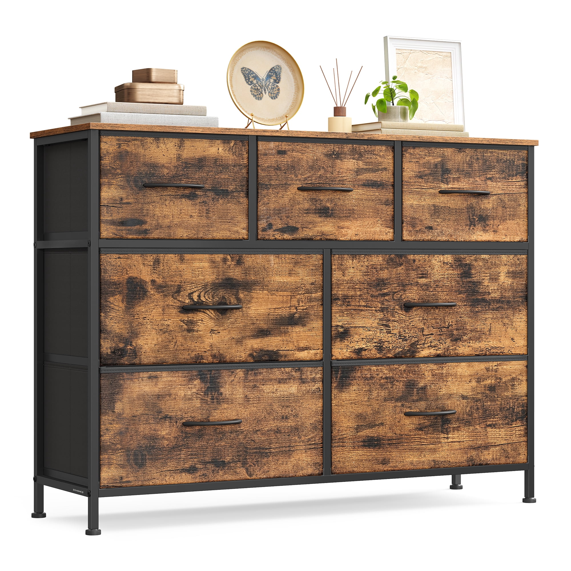 SONGMICS Dresser for Bedroom, Chest of Drawers, Steel, MDF, 7 Non-Woven Fabric Drawers, Storage Organizer Unit, Closet, Entryway, Rustic Brown and Ink Black