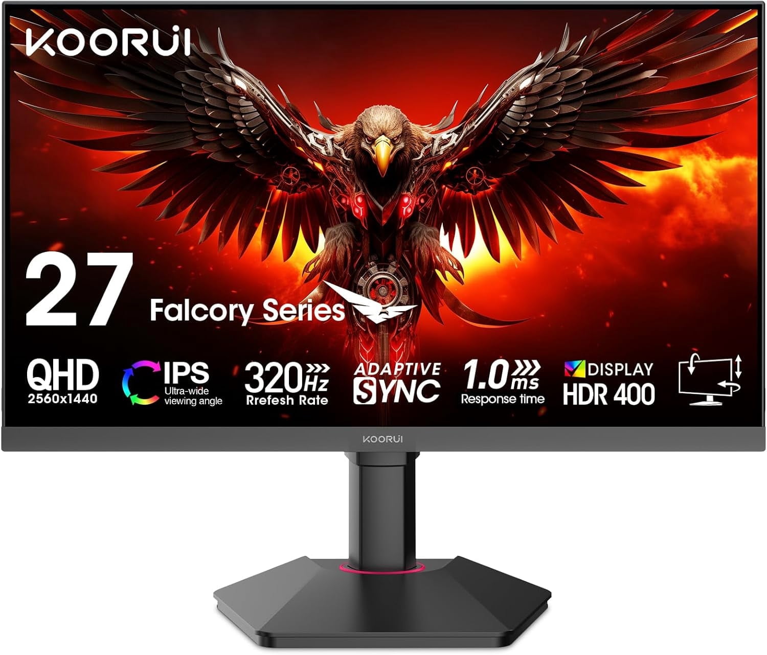 Refurbished KOORUI G2721E 27in QHD IPS Gaming Monitor, 2560 x 1440 Resolution, 320Hz Refresh Rate, FreeSync Premium, 95% DCI-P3 Color Gamut, Black
