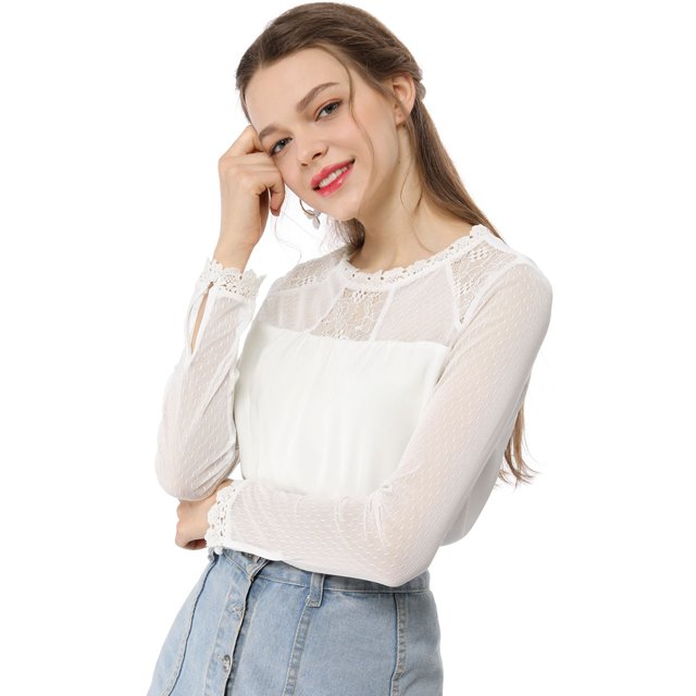 INSPIRE CHIC Blouses Décontractées pour Femmes à Col Rond en Dentelle Florale à Manches Longues en Chiffon Hauts TG Blanc