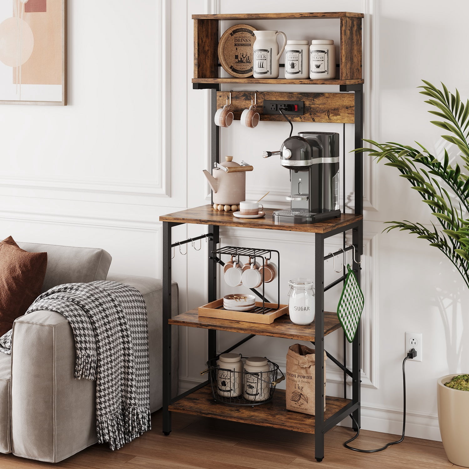 Bestier Baker’s Rack with Power Outlets, 5-Tier Kitchen Shelves with 8 Hooks, Height Adjustable Microwave Stand, 16.54 x 23.62 x 60.16", Rustic Brown