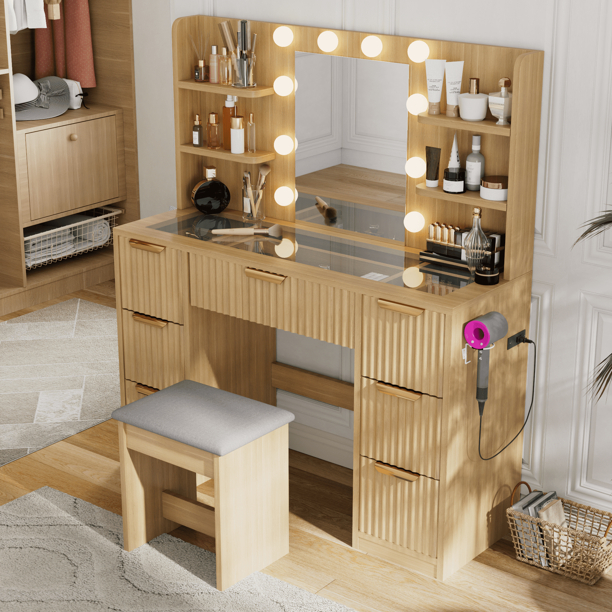 Noble House bureau vanité à 7 tiroirs avec prise de courant et plateau en verre, Design cannelé avec 10 lumières LED miroir et chaise, naturel