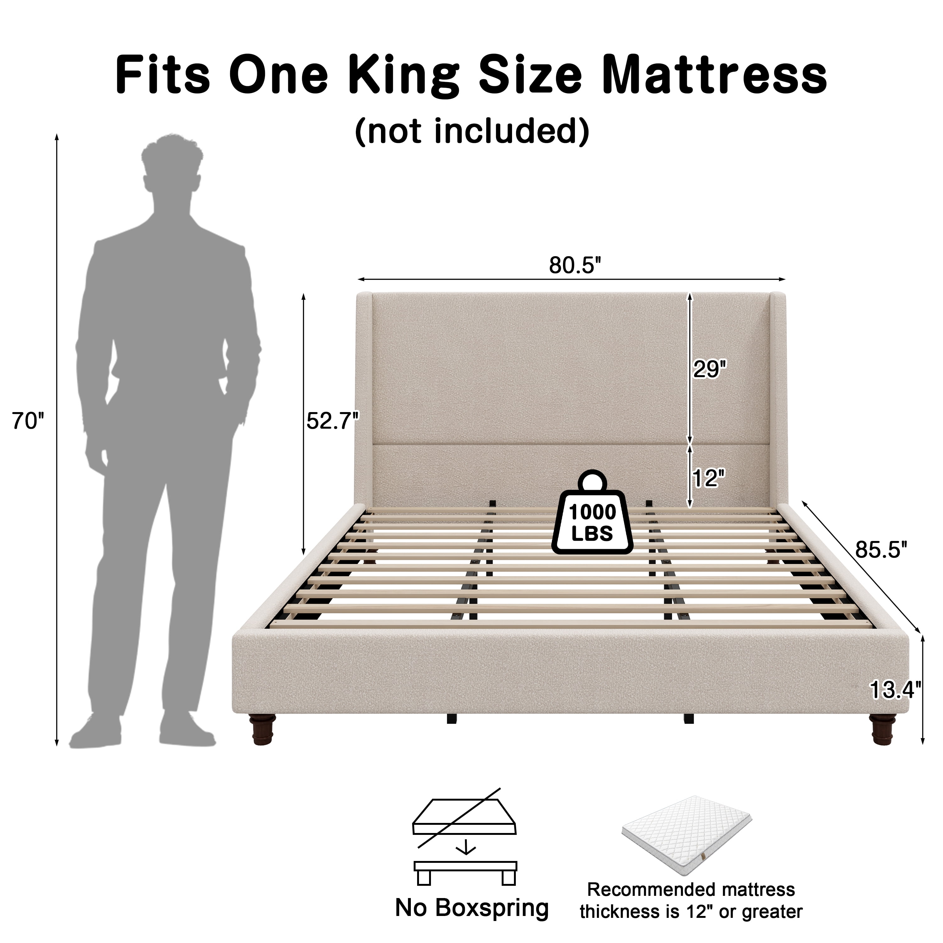 Noble House King Upholstered Wingback Headboard Platform Bed,taupe