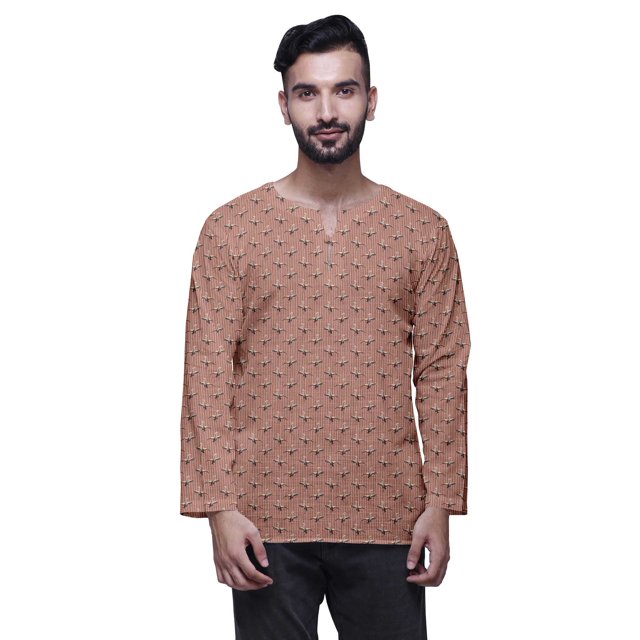 Atasi Cotton Slub Long Sleeve Kurta For Men Keyhole Neck Ethnic PrintedShirt