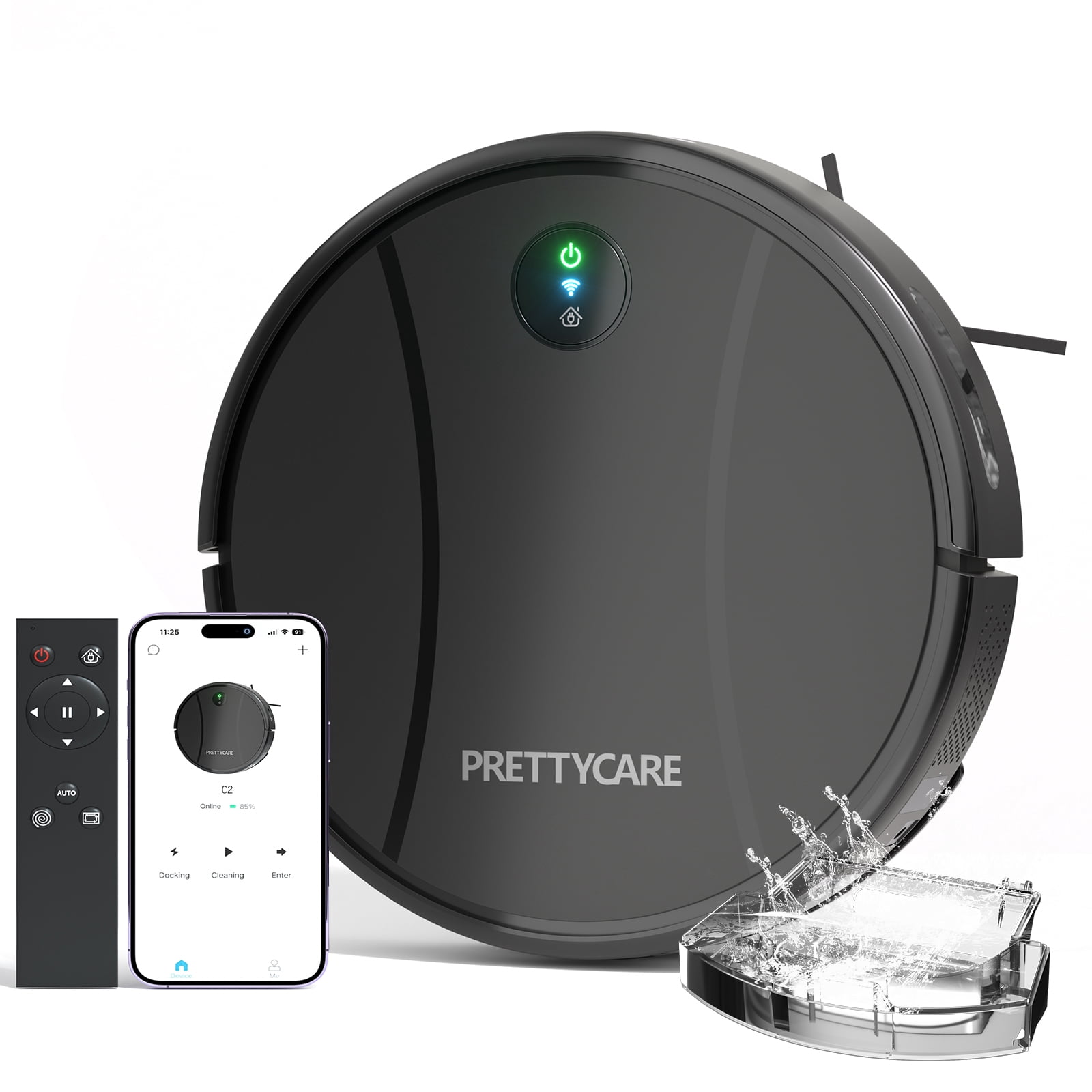 Prettycare C2 Robot Vacuum and Mop Combo Cleaner, Charcoal Black