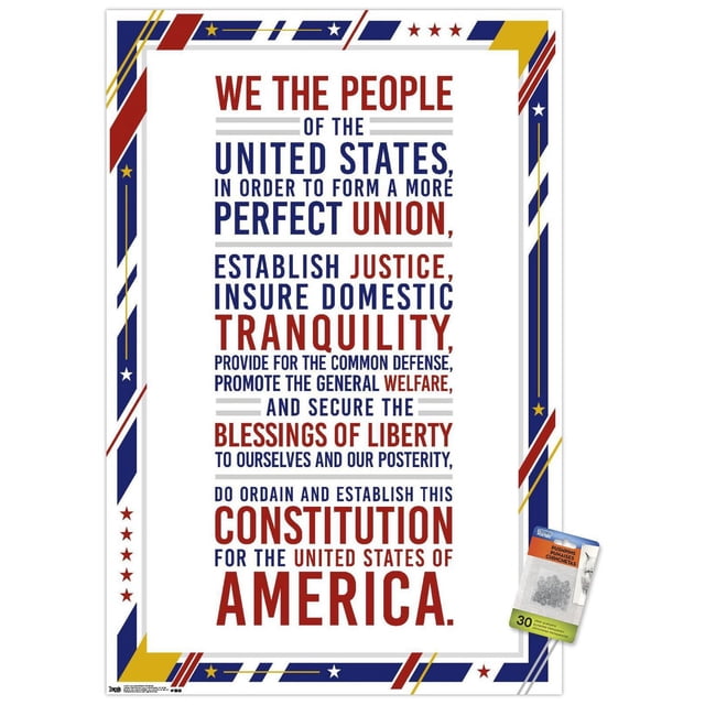 Les États-Unis d'Amérique - Affiche Murale du Préambule de la Constitution, 22,375 Pouces x 34 Pouces Montrant le Préambule de la Constitution des États-Unis en Texte Rouge et Bleu sur Papier Blanc Lustré avec une Bordure Patriotique d'Étoiles et de Rayures Rouges, Bleues, Dorées et Blanches, Convient à la Décoration Murale de la Maison Ou du Bureau et Est Souvent Utilisé comme Présentoir Éducatif Ou Patriotique.