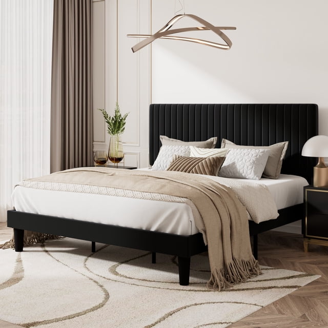 Amolife King Size Upholstered Platform Bed Frame with Adjustable Velvet Headboard, Black