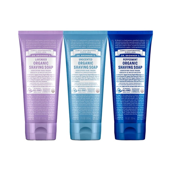 Dr. Bronner's - Organic Shaving Soap (7 oz Variety Pack) Lavender, Baby Unscented, & Peppermint - Certified Organic, Sugar & Shikakai Powder, Moisturizes, Use on Face, U