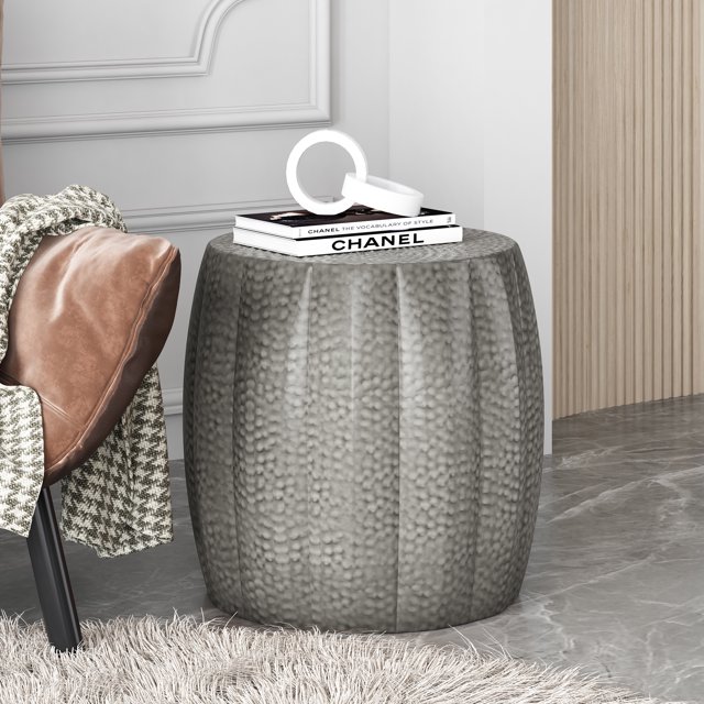 Sparling Modern Iron Mandala Pumpkin Side Table, Brushed Antique Silver
