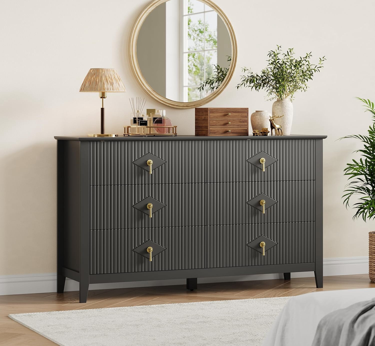 Dresser for Bedroom with 6 Drawers, 54 in Extra Wide Modern Chest of Drawers with Metal Handle, Dresser TV Stand, Wood Drawer Organizer for Bedroom, Living Room, Hallway