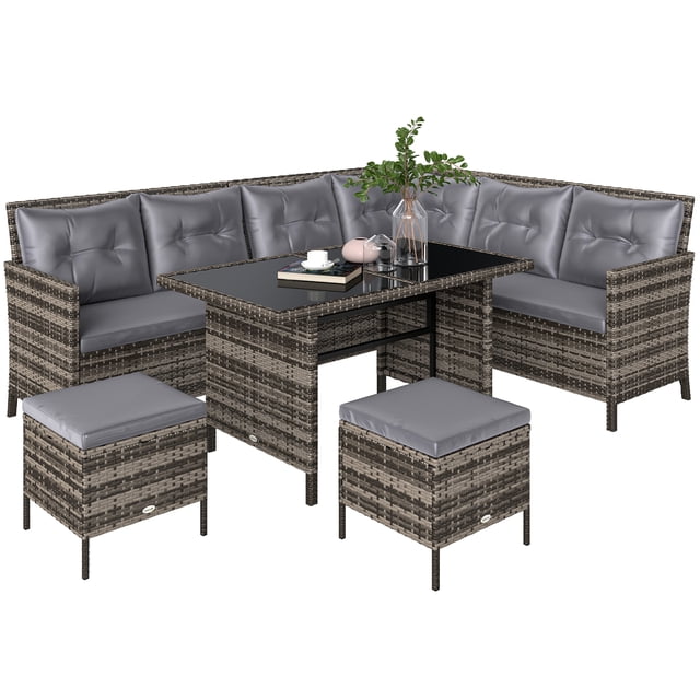 Outsunny 6 Pieces Patio Dining Set Wicker Outdoor Furniture Set in grey, including 3 corner sofas, 1 tempered glass table, and 2 ottomans. This sectional patio conversation set, made with weather-resistant PE rattan and steel frame, seats up to 9 people. Features 2-inch thick cushions with removable seat covers for easy cleaning. Perfect for outdoor dining and lounging.