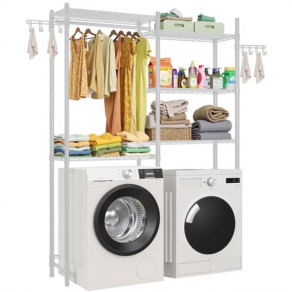 Étagères de rangement pour lave-linge et sèche-linge KFFKFF, étendoir à linge à 5 niveaux avec tringle et crochets, Étagères réglables à deux rangées pour gagner de la place, blanc