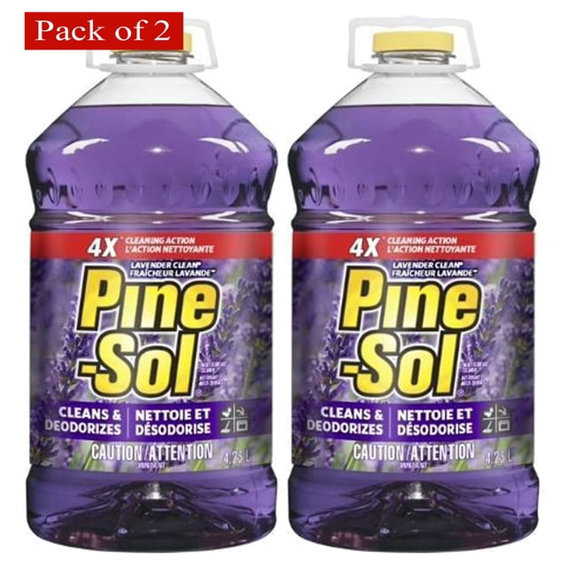 Pine Sol Lavender 4.25L (Pack of 2) multi-surface cleaner bottles with a lavender scent. The bottles feature a purple liquid and yellow caps, labeled with 'Cleans & Deodorizes' and '4X Cleaning Action.' Suitable for hard, non-porous surfaces like floors, countertops, and appliances.