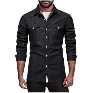 hotojiny Mens Denim Shirt Button down Long Sleeve Casual Slim Fit Shirts Jackets Fashion Wrinkle-Free Jean Tops with Pockets