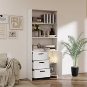 6 Tier Bookshelf with Door and 3 Drawers, 71" Tall Bookcase with 3 Tier Open Shelves, Wooden Book Shelf with Storage Cabinet for Home Office, Living Room, Bedroom, White