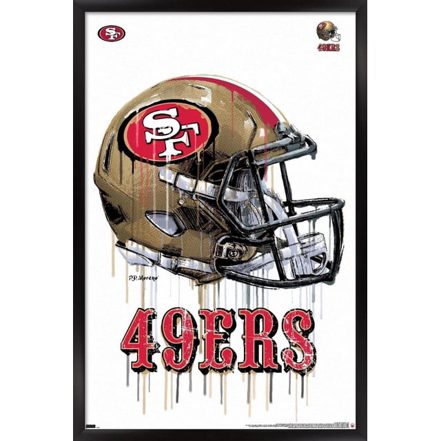 NFL San Francisco 49ers - Affiche Murale « Drip Helmet 20 » avec Épingles de Poussée, 22,375 Po x 34 Po Mettant en Vedette un Casque de football Artistique Doré avec un logo Ovale Rouge « SF », un Masque Facial Noir et des Effets de Peinture « Drip », avec le Texte « 49ers » Rouge Vieilli Ci-Dessous sur Fond Blanc Encadré en Noir, Convient à la Déco de Chambre de fan de sports.