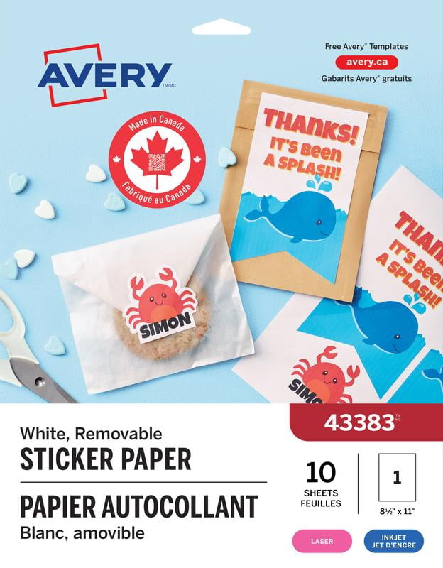Avery Sticker Project Paper, 11" x 8 ½", for Inkjet Printers, 1 label/Sheet, 10 sheets/pack  - 43383