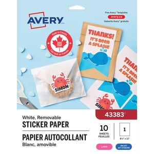 Avery Sticker Project Paper, 11" x 8 ½", for Inkjet Printers, 1 label/Sheet, 10 sheets/pack  - 43383