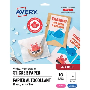 Avery Papier Autocollant, 11 po x 8 ½ po, pour imprimantes à jet d'encre, 1 étiquette/feuille, 10 feuilles/paquet- 43383