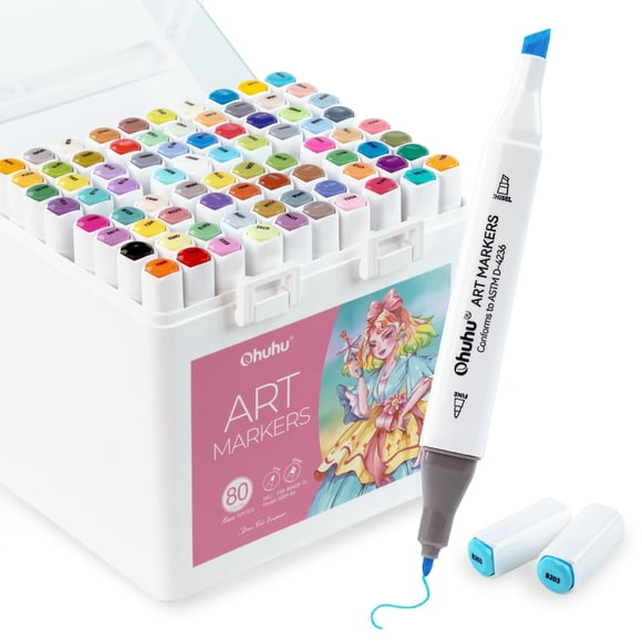 Ohuhu Alcohol Markers, 80 Color Double Tipped Alcohol Markers, Chisel & Fine Art Marker Set for Adults Beginners Coloring Illustration Sketching, Gre