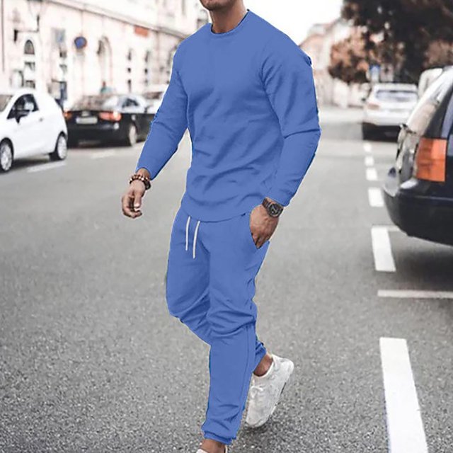 DPTALR Men Casual Solid Round Neck Pullover Sports Suit Long Sleeve Trousers Two-Piece Tracksuit